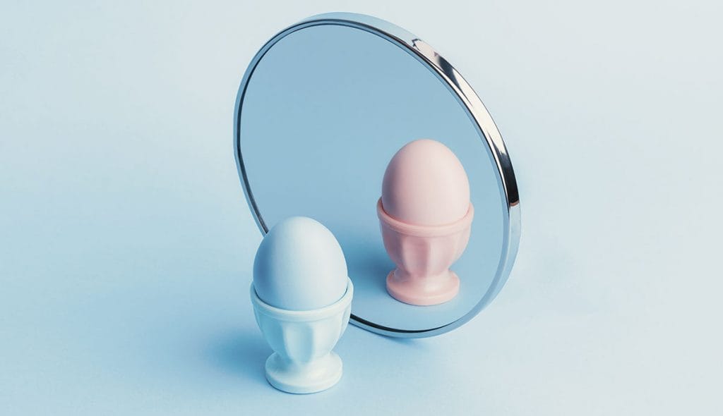 Conceito de problema de identidade de gênero. o ovo é azul na frente do espelho no reflexo é rosa.